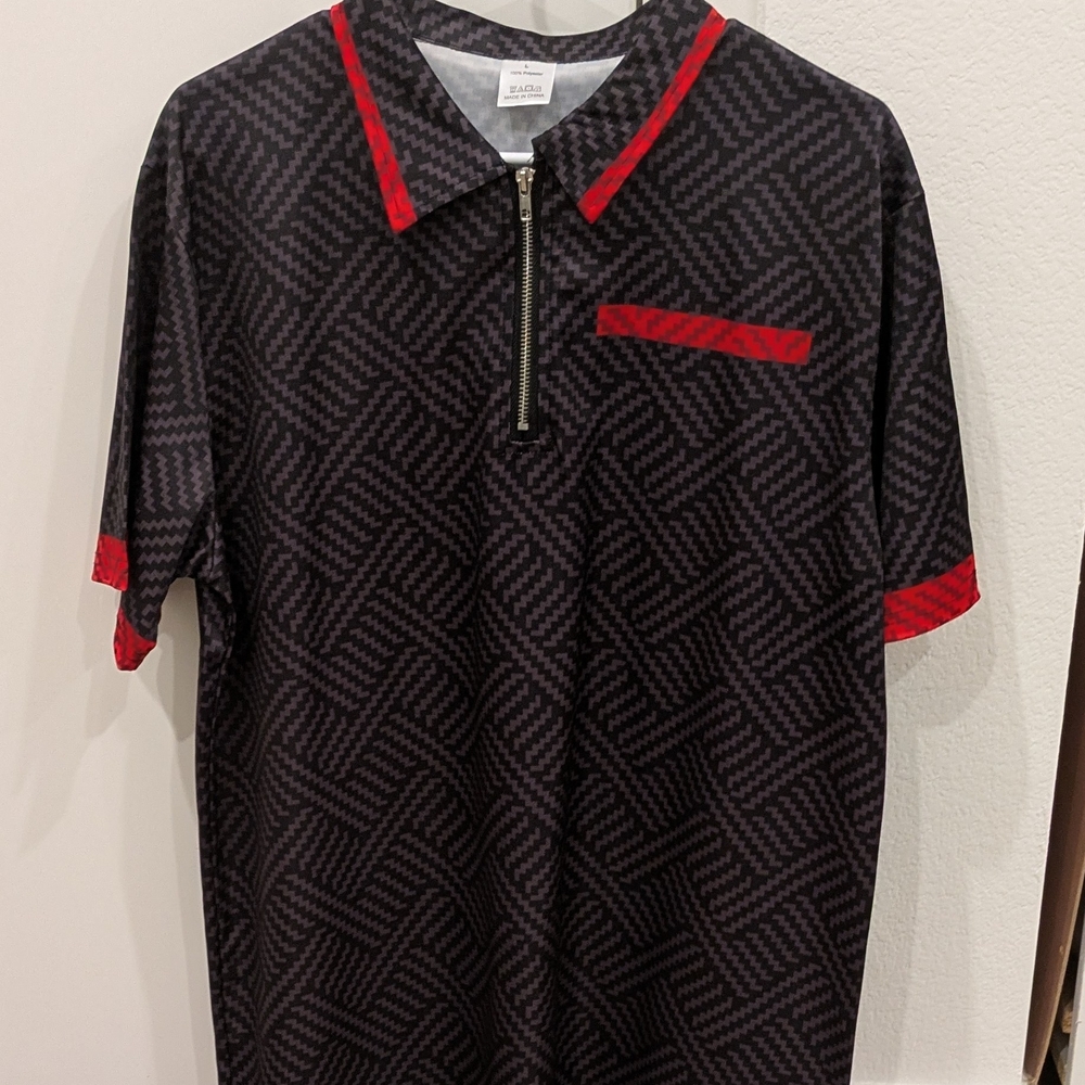 Sandro Black and Red Polo Shirt with Geometric Design
